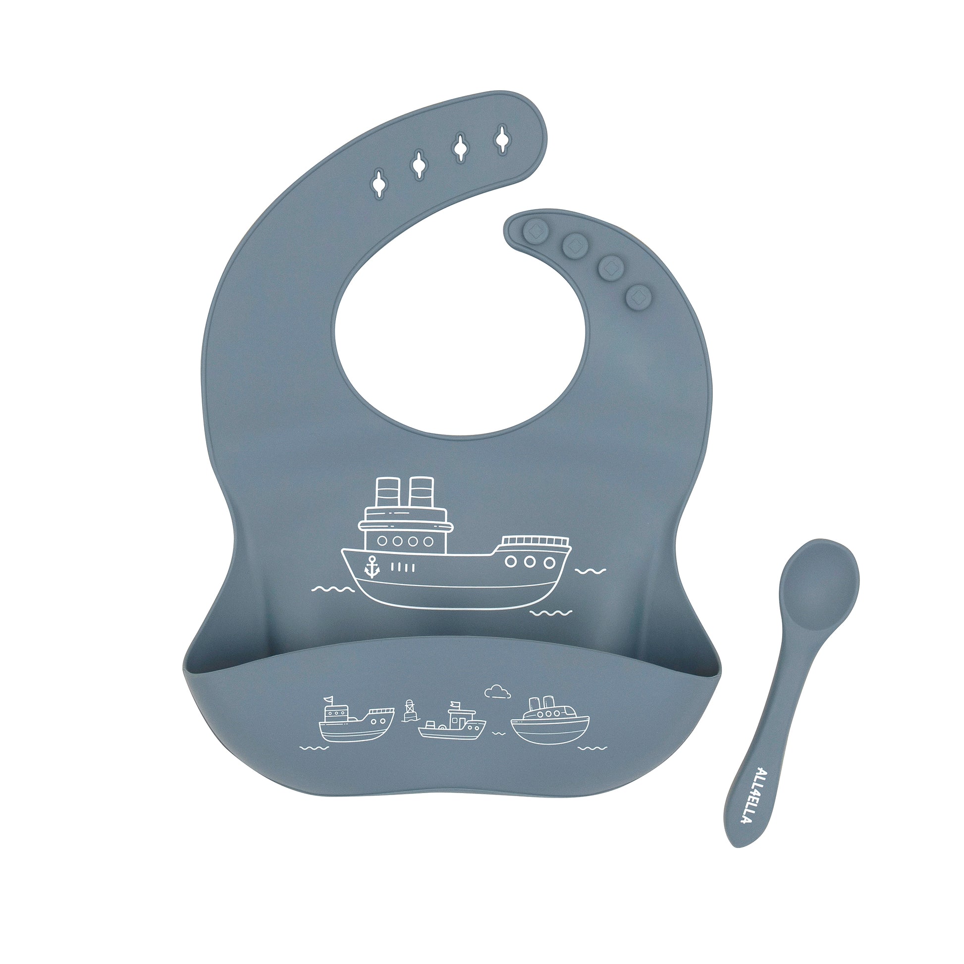 Printed Silicone Bib Boats Slate Blue with Spoon set - Spotty Dot AU