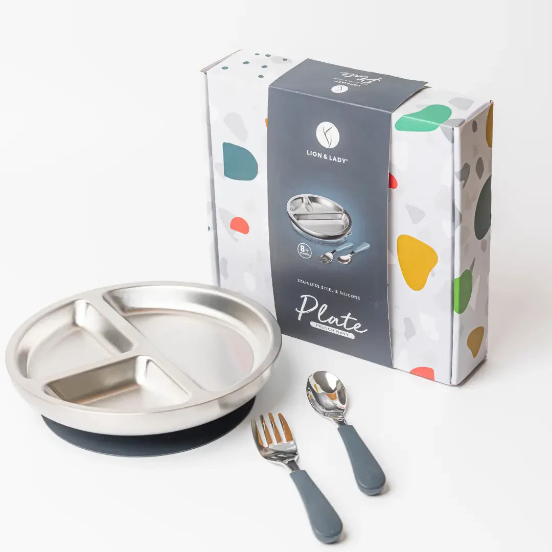 French Navy Stainless Steel Plate Set Spotty Dot Child