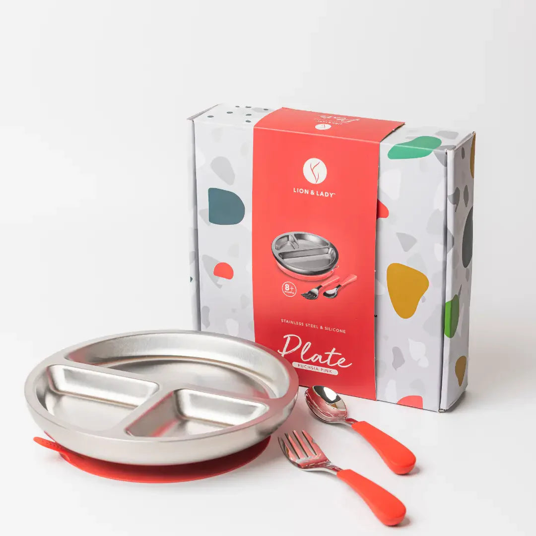 Fuschia Pink Stainless Steel Plate Set Spotty Dot Child