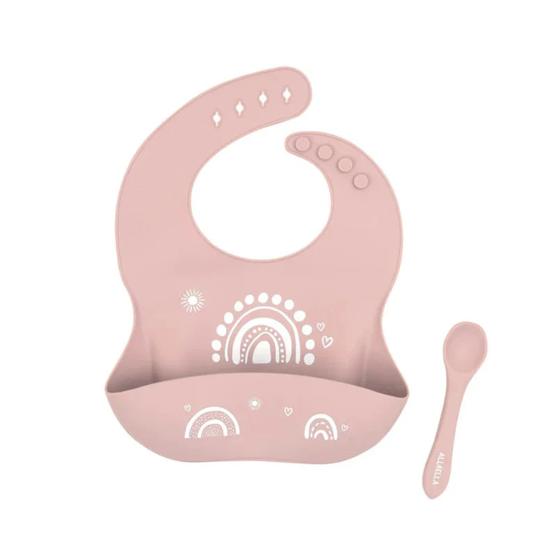 Printed Silicone Dusty Pink Silicone Catch Bib with Spoon set - Spotty Dot AU