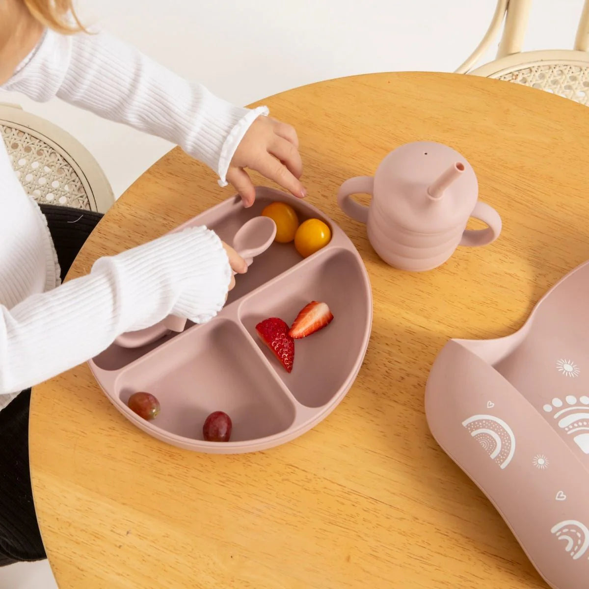 Silicone Dusty Pink Divider Suction Plate Catch Bib Sippy Cup Spotty Dot Baby