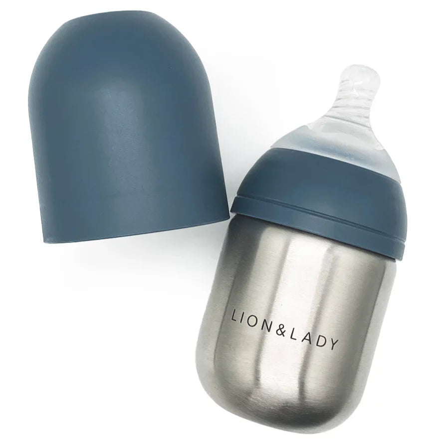 Stainless Steel Feeding Bottle French Navy Spotty Dot Baby
