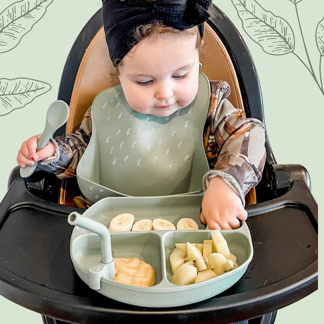 Olive Silicone Divider Plate & Bib set - Spotty Dot AU