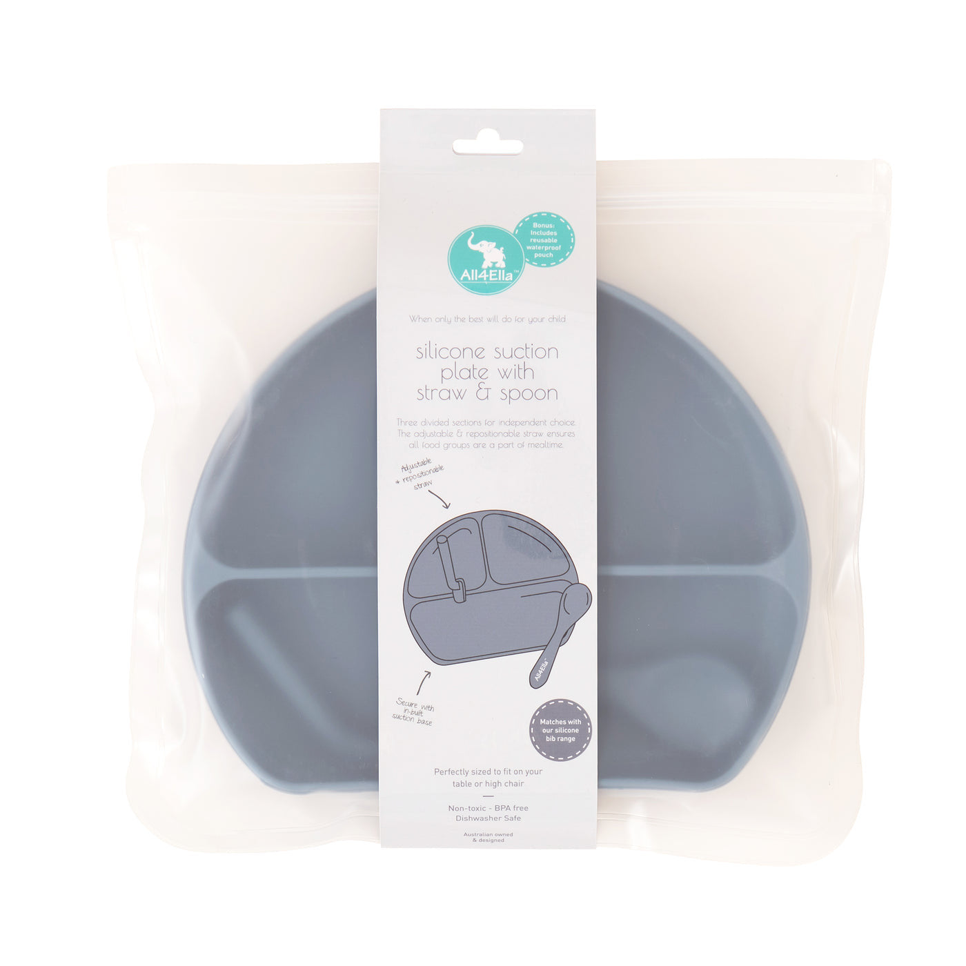 Silicone Plate with straw & spoon - Slate Blue - Spotty Dot AU