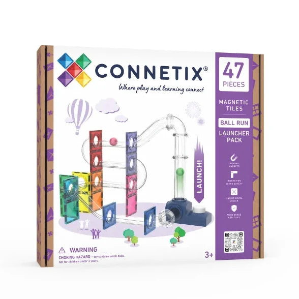 Connetix Ball Run Launcher Pack toy box, featuring a white front with purple side panels, showing the assembled magnetic tile track and ball run setup. Spotty Dot Toys