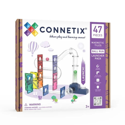 Connetix Ball Run Launcher Pack toy box, featuring a white front with purple side panels, showing the assembled magnetic tile track and ball run setup. Spotty Dot Toys