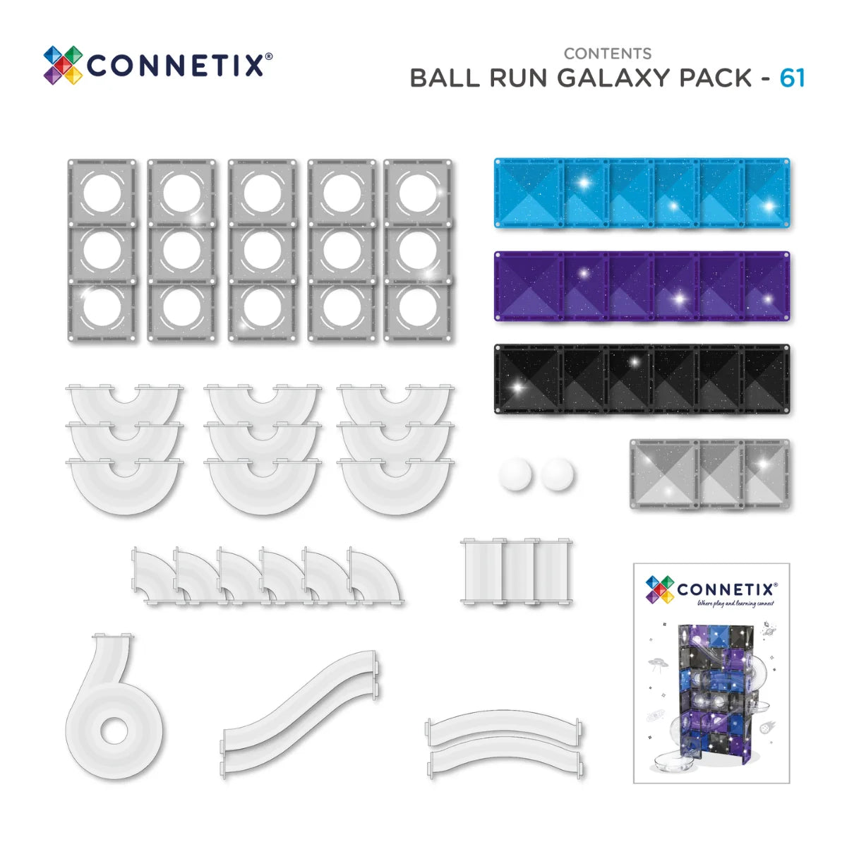 Connetix Ball Run Galaxy Pack contents layout on a white background, showing various transparent and colored magnetic tiles, curved track pieces, small round pieces, and a small printed insert card. Spotty Dot Toys