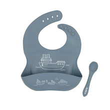 Load image into Gallery viewer,  Printed Silicone Bib Boats Slate Blue with Spoon set - Spotty Dot AU
