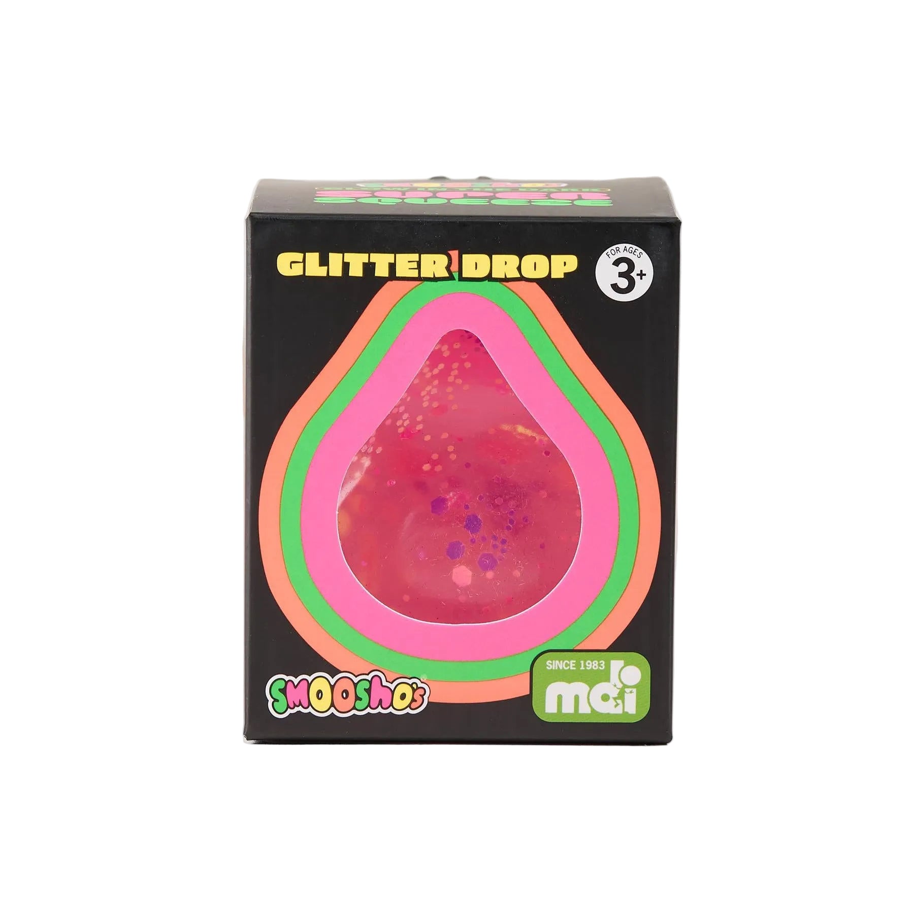 Box of a toy labeled 'Glitter Drop' with colorful design on a white background Smooshos Sensory Fidget