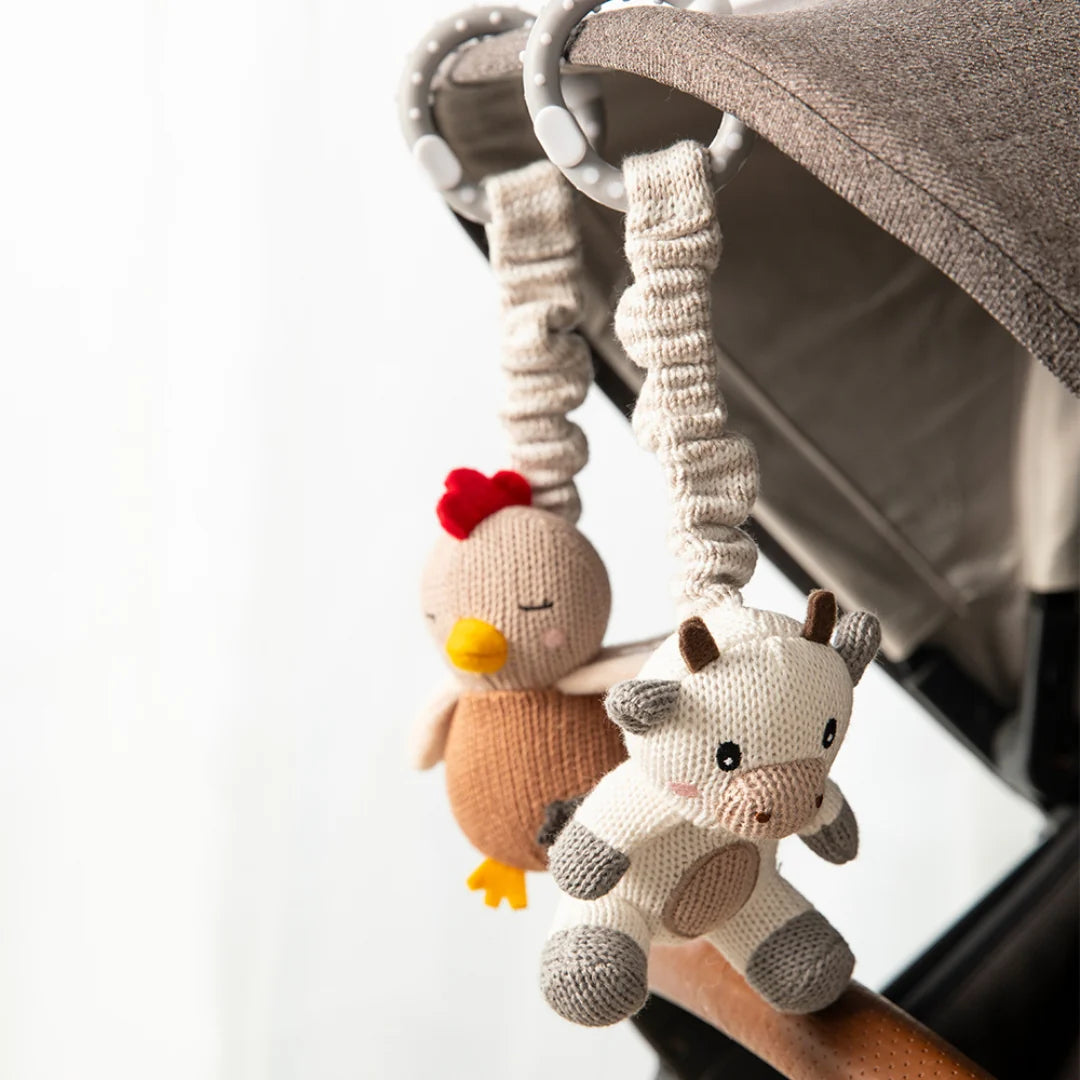 Knitted Stroller Toys 2 Pack Cow & Chicken Spotty Dot Toys
