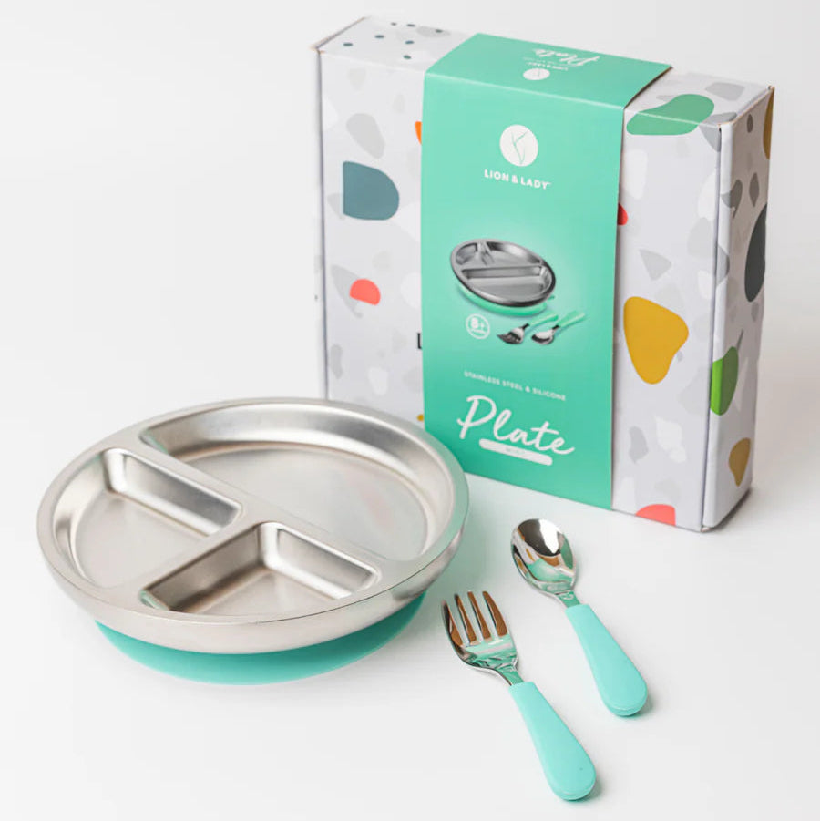 Lion & Lady Stainless Steel Plate & Cutlery Set Mint Spotty Dot Kids