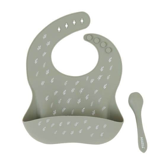  Olive Printed Silicone Bib with Spoon set - Spotty Dot AU