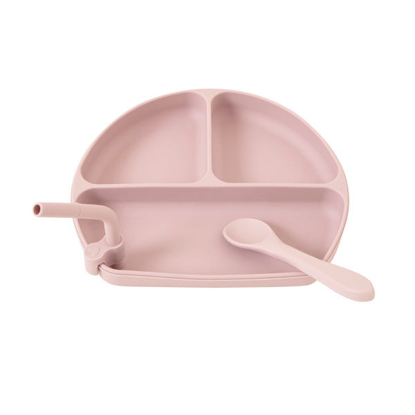 Silicone Divider Plate with Straw & Spoon - Dusty Pink - Spotty Dot AU