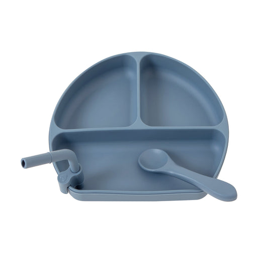 Silicone Plate with straw & spoon - Slate Blue - Spotty Dot AU
